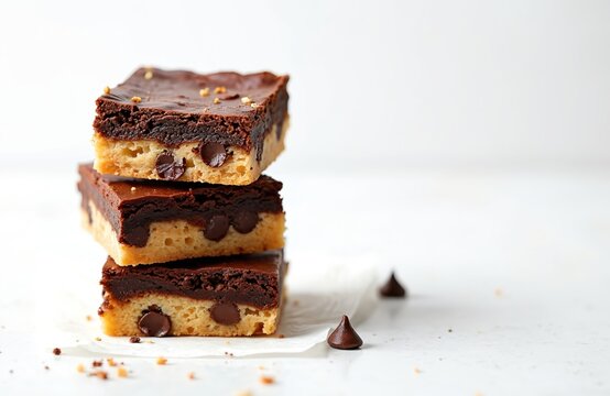 Stack of three brookies with chocolate chips and ganache frosting. These rich dessert bars look delicious on a white background. Perfect for any sweet treat occasion.