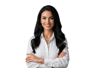 Professional business woman with long dark wavy hair smiling confidently with arms crossed isolated on transparent background