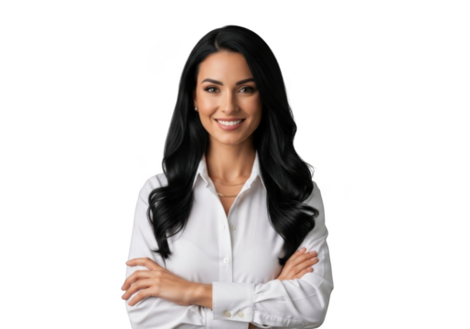 Professional business woman with long dark wavy hair smiling confidently with arms crossed isolated on transparent background