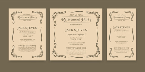 Retirement Party Invitation Template Set, Vintage Editable Vector Design for Flyer, Square Banner, Facebook Cover, and A4 Poster