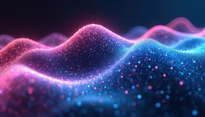 Abstract digital illustration featuring dynamic wave-like forms. Glowing pink and blue lights create a futuristic aesthetic. Perfect for tech presentations and data visualization concepts.