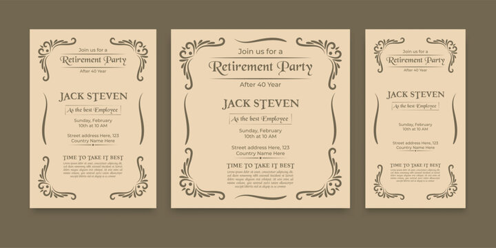 Retirement Party Invitation Template Set, Vintage Editable Vector Design for Flyer, Square Banner, Facebook Cover, and A4 Poster