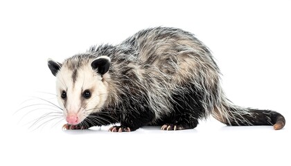 Obraz premium A small opossum with gray and white fur sits on a white surface