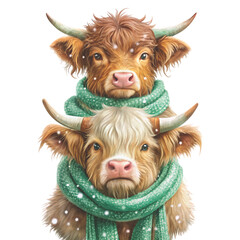 three cute highland cows stacked on top of each other clipart white background 