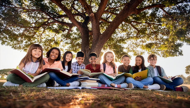 Diverse group of happy children reading books together under a big tree, enjoying outdoor learning and education in a sunny park setting