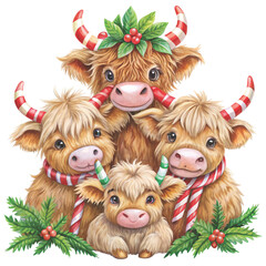 three cute highland cows stacked on top of each other clipart white background 