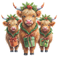 three cute highland cows stacked on top of each other clipart white background 