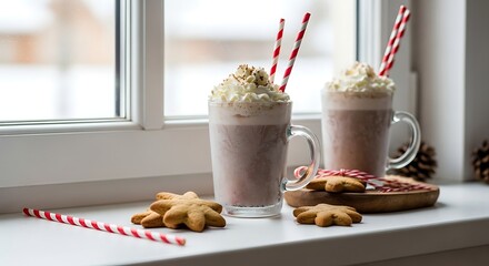 Cozy winter cocoa with gingerbread cookies by window