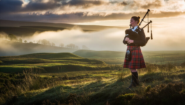 Bagpiper in the Scottish Highlands A Cultural Landscape at Dawn
