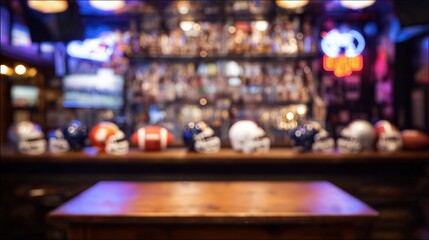 A cozy sports bar scene featuring a wooden table and a row of colorful football helmets against a blurred backdrop of drinks and neon lights.