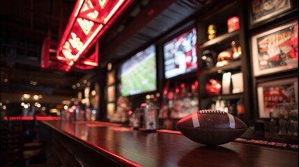 A cozy sports bar scene featuring a football on the counter, illuminated by vibrant red neon lights and displaying multiple screens showing games.