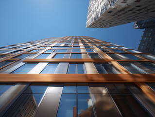 Modern skyscraper with glass facade and copper accents against blue sky