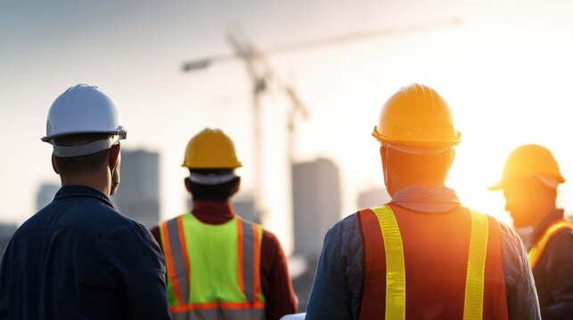 Construction workers observe a building site during sunset, showcasing teamwork and safety in the industry.