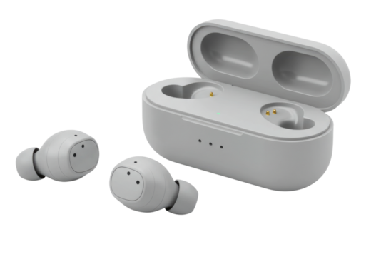 White wireless earbuds with charging case transparent background cutout png