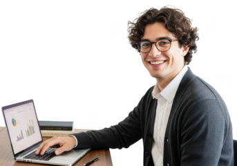 Young man with curly hair and glasses smiling while working on a laptop computer at a desk isolated on transparent background