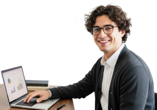 Young man with curly hair and glasses smiling while working on a laptop computer at a desk isolated on transparent background