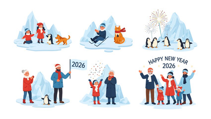 New Year 2026: A set of scenes with family and friends in winter landscapes to celebrate the new year 2026. 