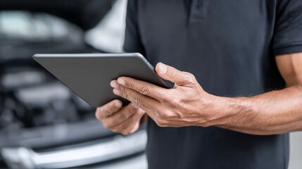 A person holding a tablet while inspecting a vehicle, indicating a blend of technology and automotive maintenance.