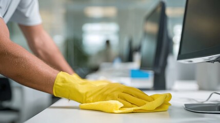 A person wearing yellow gloves cleans a desk in an office environment, promoting cleanliness and hygiene.