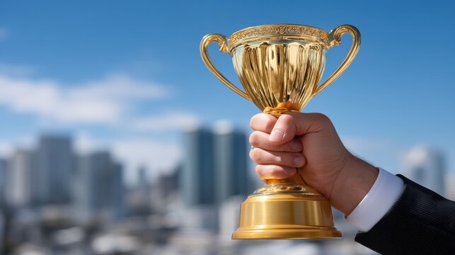 A golden trophy is held aloft against a blurred city skyline, symbolizing achievement and success.