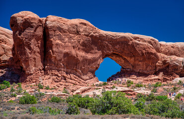 Scenic view of Elephant Arch with desert landscape and iconic rock formations in Arches National Park