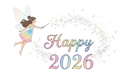 Whimsical Wishes for 2026: A charming fairy casts a magical spell, sending shimmering stars and rainbow hues to create a vibrant New Year's greeting.