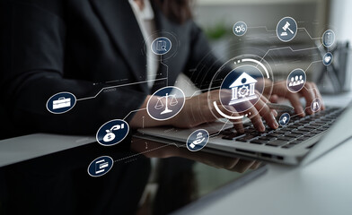 Futuristic digital law interface displaying justice scale, highlighting digital law, AI compliance,...