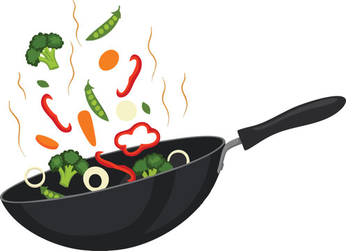 black wok with vegetables cooking clip art preview