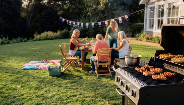 Cheerful multi-generational family enjoying an outdoor summer barbecue party in their green backyard, grilling food and sharing happy moments together under the sunny sky