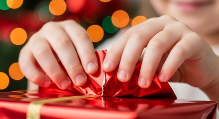 Unwrapping a bright red Christmas gift with joy