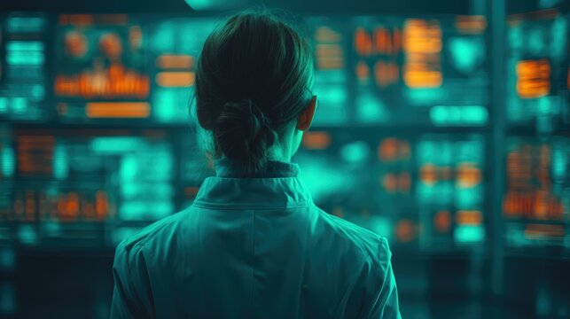A person in a lab coat observes digital data displays, surrounded by vibrant blue and orange lights, suggesting a high-tech environment. - Powered by Adobe