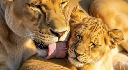Close Bond Between Lioness and Her Cub during Golden Hour in African Savanna Wildlife Scene