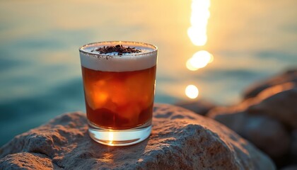 Glass of amber cocktail sits on rock near sea. Golden sunset light reflects on water surface. Drink topped with foam and dark crumbs. Refreshing aperitif at dusk.