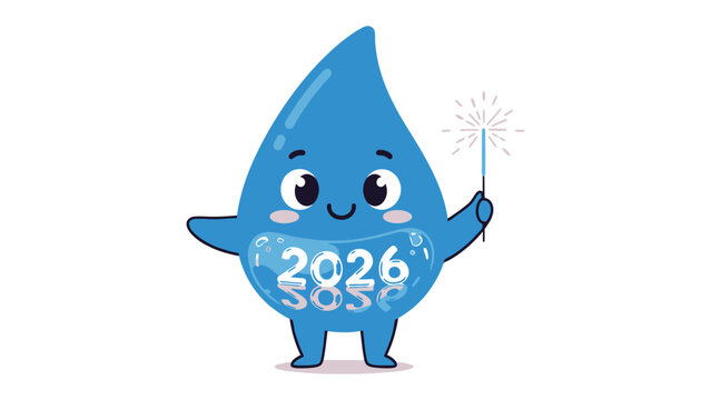 Water Drop Mascot Celebrates Sustainability: A cheerful water drop mascot, representing the call for water conservation, holds a sparkler.