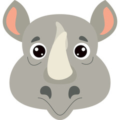 Close up of a gray rhinoceros head with big black eyes and a white horn on a transparent background illustration