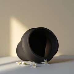 Minimalist black ceramic pot with delicate white flowers