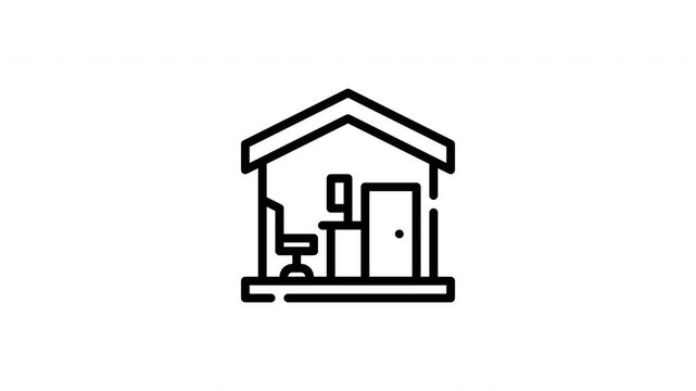 House icon with office furniture and door suitable for real estate websites, property management businesses, and office supply retailers.