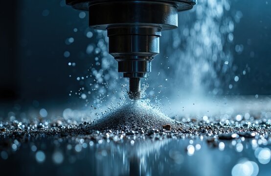 Close-up view of CNC milling machine cutting metal. Water coolant sprays and creates splashes. Metal shavings pile up on the surface. Industrial manufacturing process in action. - Powered by Adobe
