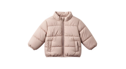 Cozy light pink puffer jacket for children with a high collar and zipper isolated on transparent background