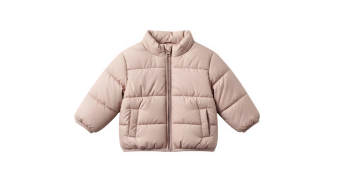 Cozy light pink puffer jacket for children with a high collar and zipper isolated on transparent background