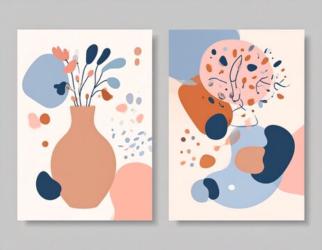 Two art prints with abstract shapes, colors, and floral vase - Powered by Adobe