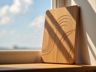 Wooden cutting board with carved rings bathed in sunlight by a window