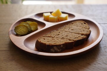 Wooden plate with bread fruit and vegetable portions