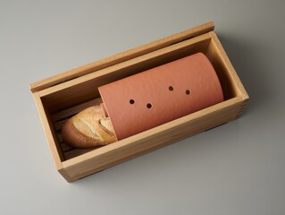 Wooden box holding a clay object and bread inside