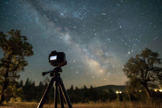 Camera on tripod capturing starry night sky