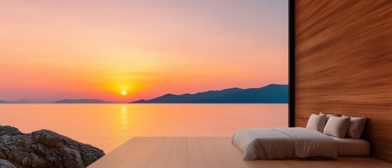 A serene bedroom overlooks a tranquil sea at sunset, featuring wooden interiors and a peaceful atmosphere.