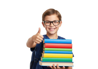 Young boy wearing glasses gives a thumbs up while holding a stack of colorful books isolated on transparent background