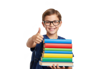 Young boy wearing glasses gives a thumbs up while holding a stack of colorful books isolated on transparent background
