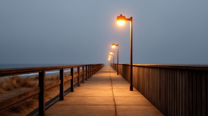 A serene wooden pier lined with glowing lamps extends into a foggy ocean, creating a tranquil atmosphere at dusk.
