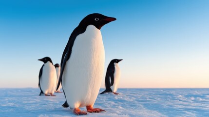 Fototapeta premium A group of penguins stands on a snowy landscape against a bright blue sky, showcasing their distinctive black and white plumage.